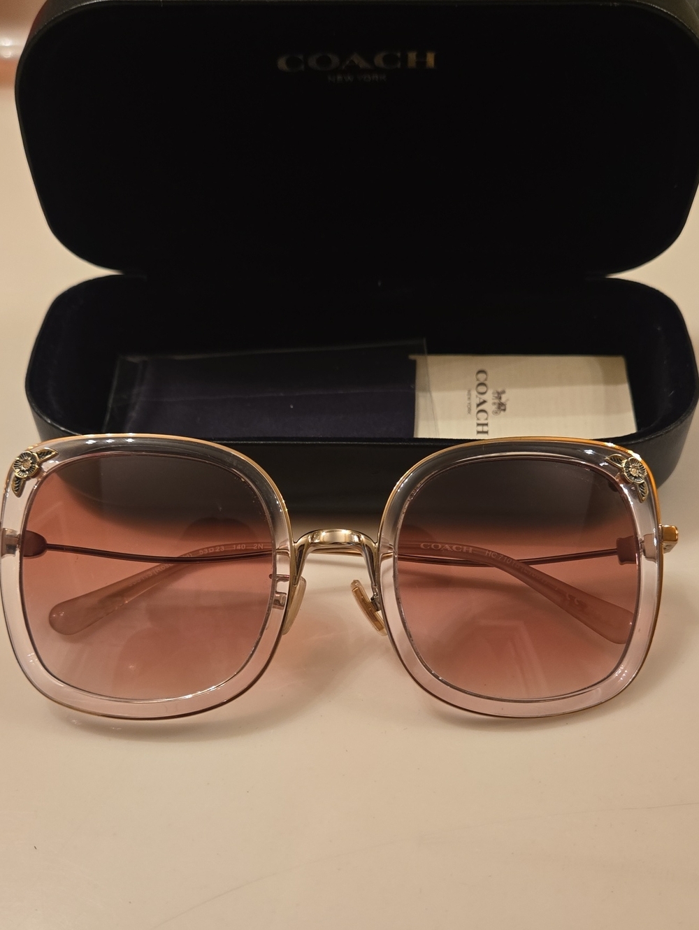 COACH Pink Gradient Square Frame Sunglasses with Gold Accents